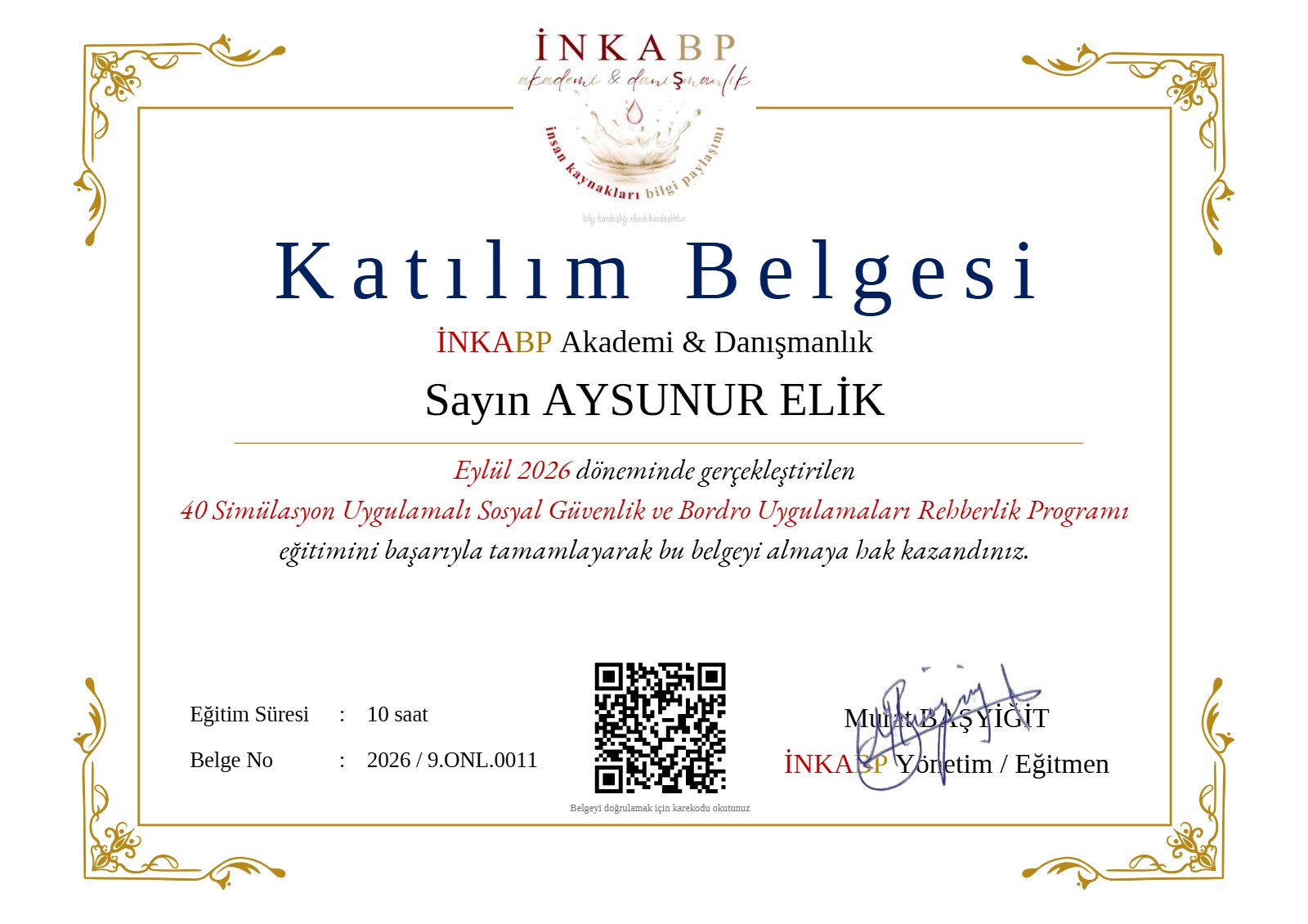 Katılım Belgesi – Aysunur Elik