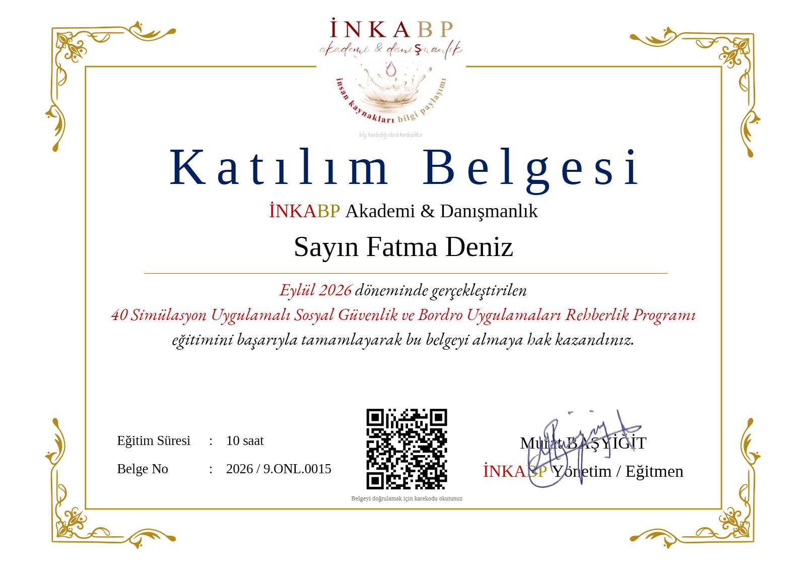 Katılım Belgesi – Fatma Deniz